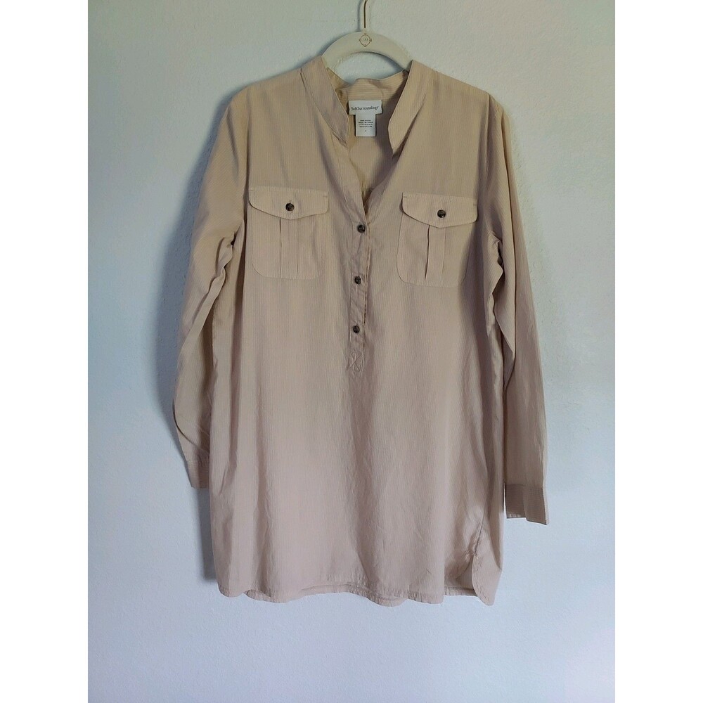 Soft Surroundings Women's Beige Long Sleeve Shirt Dress Size Small Lightweight